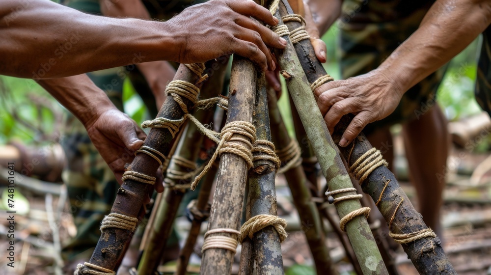 Aufkleber using long sticks and rope a team is constructing a triangular structure to create a basic shelter w