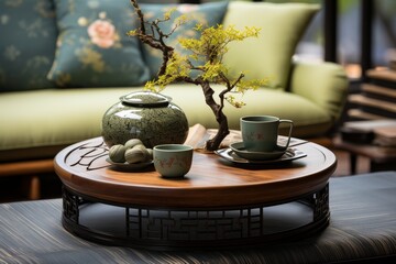 A high-quality image of a green tea cup on a wooden coffee table set against a cozy background - 748161693