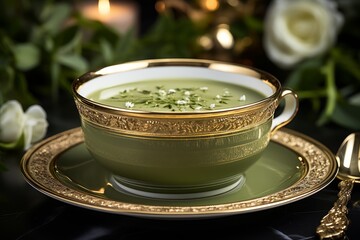 High quality image of green tea cup on cozy coffee table against warm and cozy background - 748161878