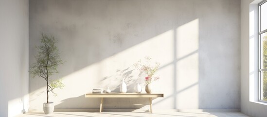 A white room filled with natural sunlight features a simple wooden table with a potted plant placed on top. The minimalist decor enhances the bright and airy atmosphere of the space.