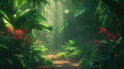 Lush Rainforest Canopy with Sunbeams Penetrating Tropical Foliage