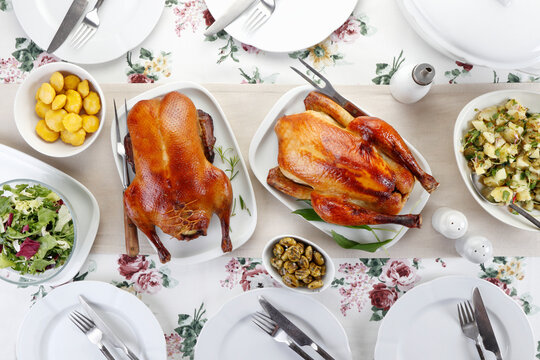 Roasted duck and chicken with sides