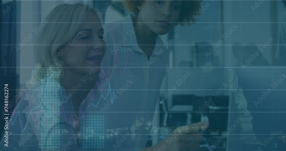 Poster animation of data processing and diagrams over diverse business people discussing work