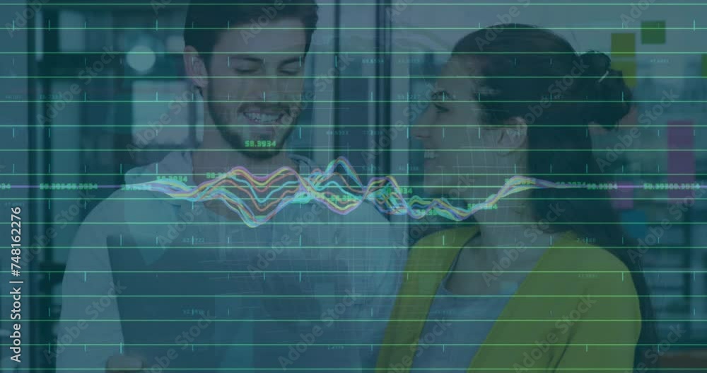 Aufkleber animation of data processing and diagrams over caucasian business people discussing work