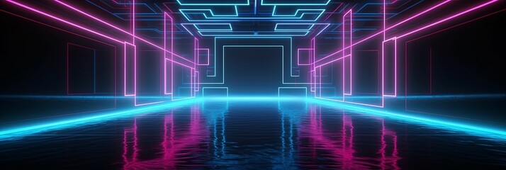 Obraz premium Digital neon water road with geometric lines background. Purple blank dark 3d sea highway with laser and reflection for dynamic competition and movement