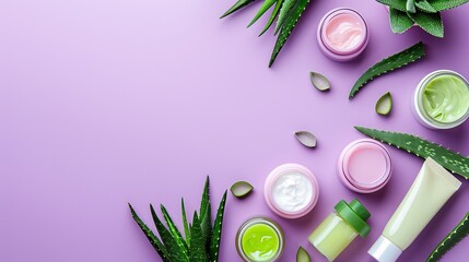 Arrangement of aloe skincare products, delicate containers set with aloe vera leaves on a pastel...