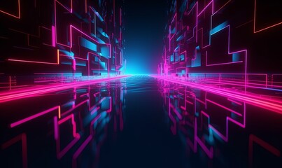 Fototapeta premium Neon cyber water highway with geometric lines background. Purple blank dark 3d sea road with laser and reflection for dynamic competition and movement