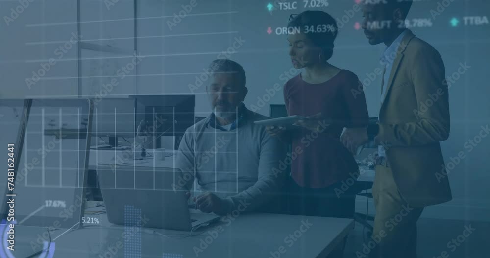 Aufkleber animation of data processing and diagrams over diverse business people discussing work