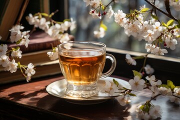 Serene scene of cozy tea time with chamomile tea and book in sunlit room setting - 748162461