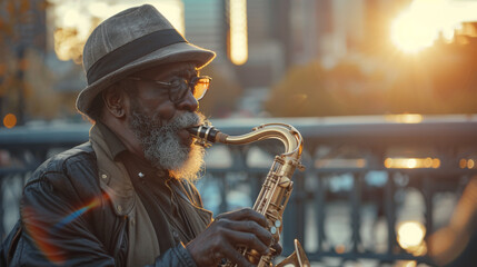 A captivating scene of a street musician playing a saxophone with passion on a city bridge realistic stock photography - obrazy, fototapety, plakaty