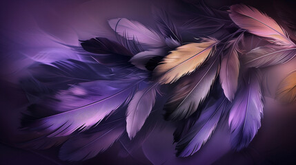 Collection of Exotic Bird Feathers with Vivid Patterns on Purple Background