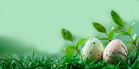 Obraz na płótnie Canvas Fresh Easter vibe with speckled eggs nestled in vibrant green grass, accented by young spring leaves, composition for banner or greeting card