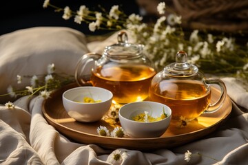 Serene tea time with chamomile and book in sunlit room for relaxation and unwinding - 748162646