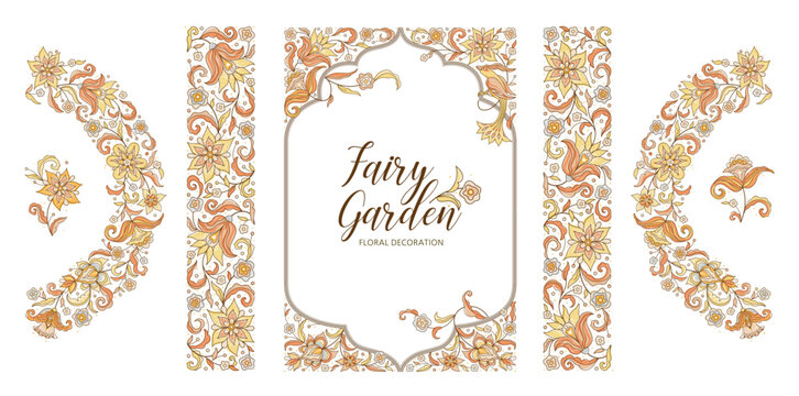 Vector floral set, square frame, vignette, half-round borders, card design template. Elements in Oriental style. Floral borders, flower ethnic illustration. Isolated ornament.