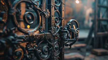 A close-up of a skilled blacksmith forging a beautiful and ornate metal gate in a workshop...