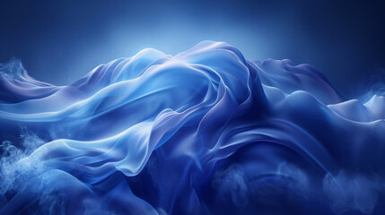 A mesmerizing view of blue silky fabric waves amidst a mystical, foggy atmosphere.