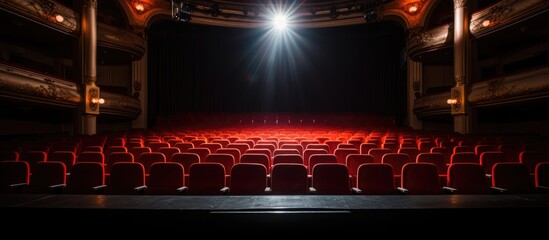 An empty theater with rows of red seats and a bright spotlight shining down on the stage. The ambiance is quiet and still, waiting for the next performance to start. - obrazy, fototapety, plakaty