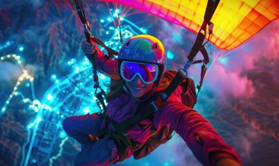 A young woman paraglider, soaring gracefully above a picturesque neon landscape