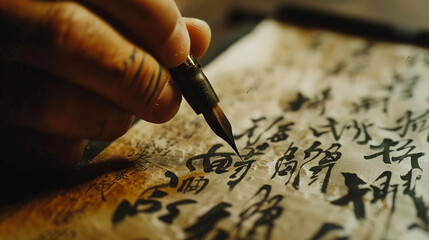 A close-up of a skilled calligrapher creating elegant and artistic lettering with a traditional...