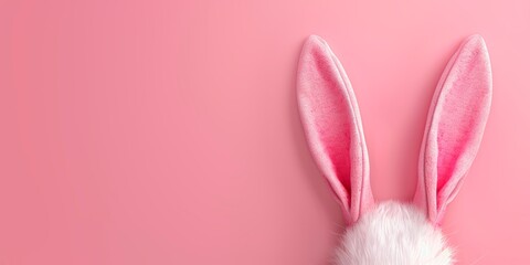 Pink rabbit ears popping up on a playful pink background, a creative and minimalistic Easter banner with ample copy space
