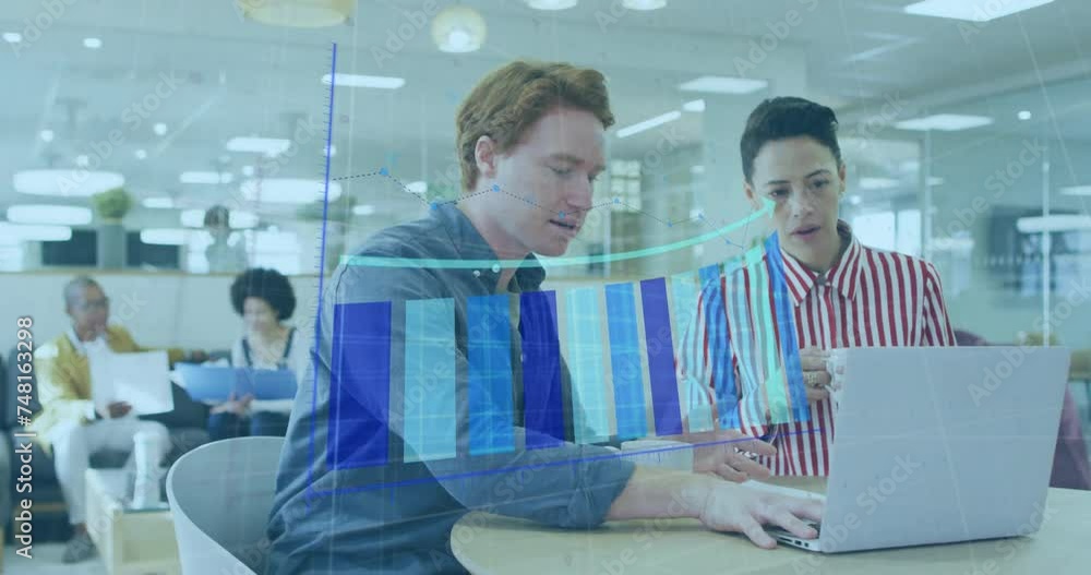 Poster animation of data processing and diagrams over diverse business people discussing work