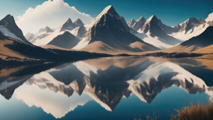 A crystal-clear mountain lake reflecting the surrounding scenery - obrazy, fototapety, plakaty