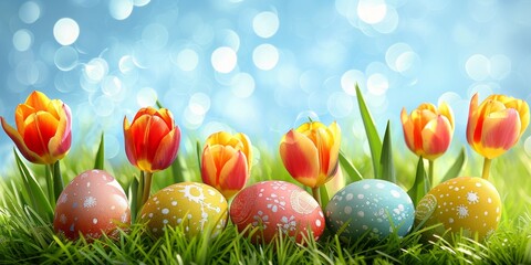 Fototapeta na wymiar Vibrant Easter banner showcasing a row of painted eggs nestled in fresh green grass with a backdrop of tulips under a blue sky with bokeh light