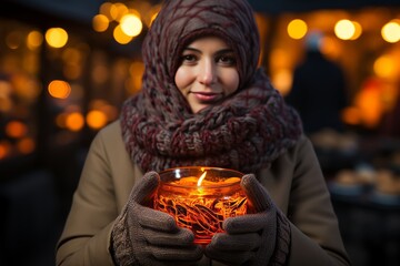 Warm and cozy winter scene with person holding steaming cup of tea on chilly day - 748163414