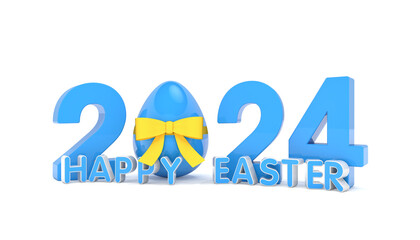 3d rendering of the year 2024 in blue with the number zero as an Easter egg with a yellow ribbon, in the foreground is a lettering with the message Happy Easter over white background.
