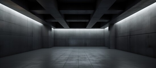 The dark tunnel leads forward, with only a single light shining at the distant end. The concrete walls create an abstract and empty atmosphere in this architectural space,