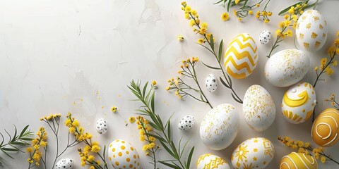 Sophisticated Easter banner with white and yellow patterned eggs among mimosa flowers on a textured...