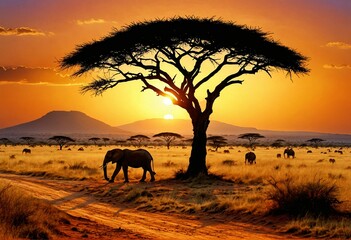 Africa, elephants at sunset in continent - obrazy, fototapety, plakaty