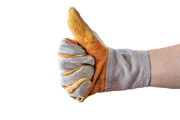 Hand of mechanic showing thumb up with safety glove