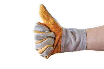 Hand of mechanic showing thumb up with safety glove