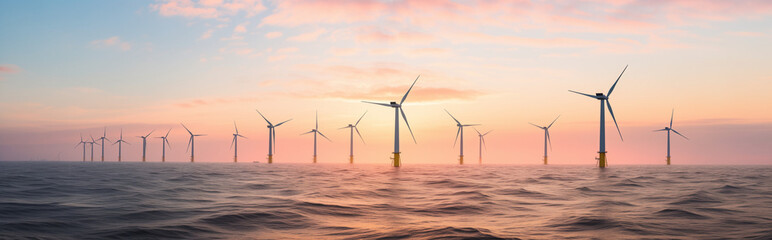 offshore wind turbinesin moderate to calm swell at sunrise