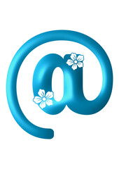 At - @ - font symbol - blue color with engraved typical Hawaiian hibiscus flowers- ideal for websites, e-mail, sublimation greetings, banners, cards,tprints, cricut, silhouette,	