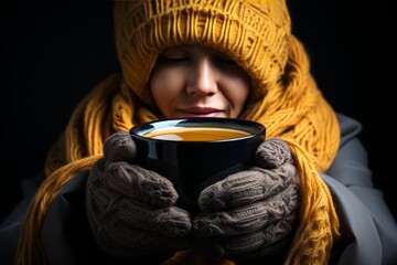 Close-up of hands holding steaming cup of tea, person enjoying cozy and warm drink at home - 748163866