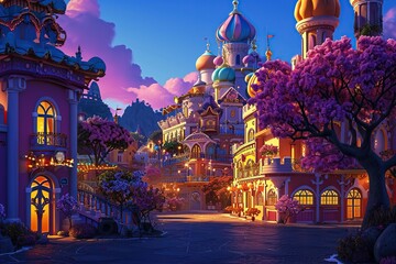 Magic castle, fairytale palace with buildings from candy and the streets are paved with gold . Fantasy fortress, medieval architecture - obrazy, fototapety, plakaty