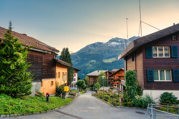 Fototapeta na wymiar Rustic mountain village of Wengen in the evening at Switzerland