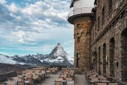 Panorama restaurant patio with Matterhorn mountain at Switzerland