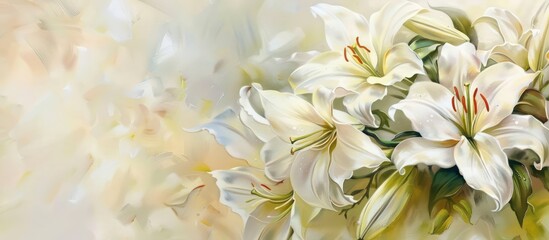 Obraz na płótnie Canvas Close-up of beautiful white lilies background, symbolizing gentleness, purity, and virtue