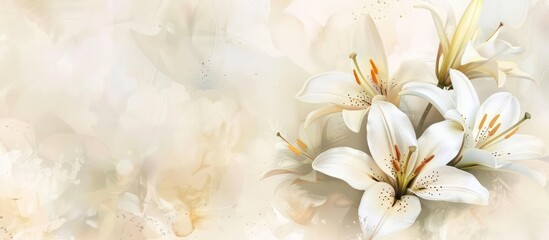 Close-up of beautiful white lilies background, symbolizing gentleness, purity, and virtue