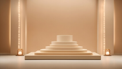 gold podium with gentle luxurious lighting 3d shape product display presentation, minimal wall scene, studio room