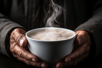 Close up of persons hands holding steaming cup of aromatic tea for relaxation and refreshment - 748164495