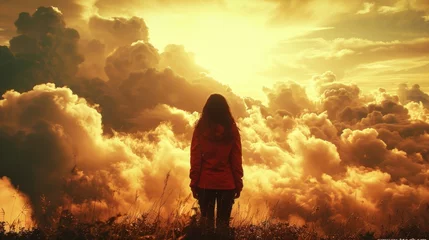Fotobehang a woman standing in the middle of a field with a sky full of clouds and the sun in the background. © Janis