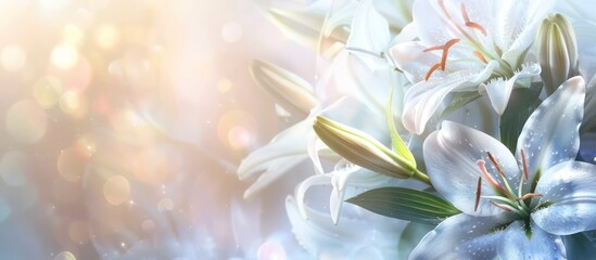 Fototapeta na wymiar Close-up of beautiful white lilies background, symbolizing gentleness, purity, and virtue
