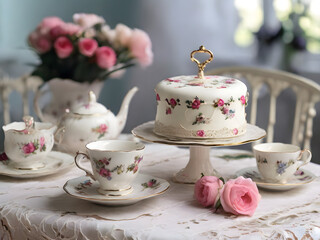A lace table cloth, teacups, and a tiered cake stand