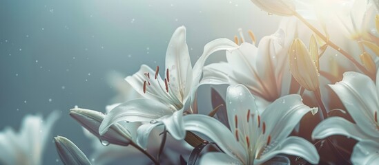 Fototapeta na wymiar Beautiful white lilies are captured in a close-up background, symbolizing gentleness, purity, and virtue.