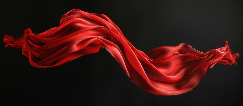 Concept of long flying red silk cloth on black background. AI generated image