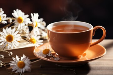 Tranquil tea time with chamomile and book in sunlit cozy room for peaceful relaxation - 748165034